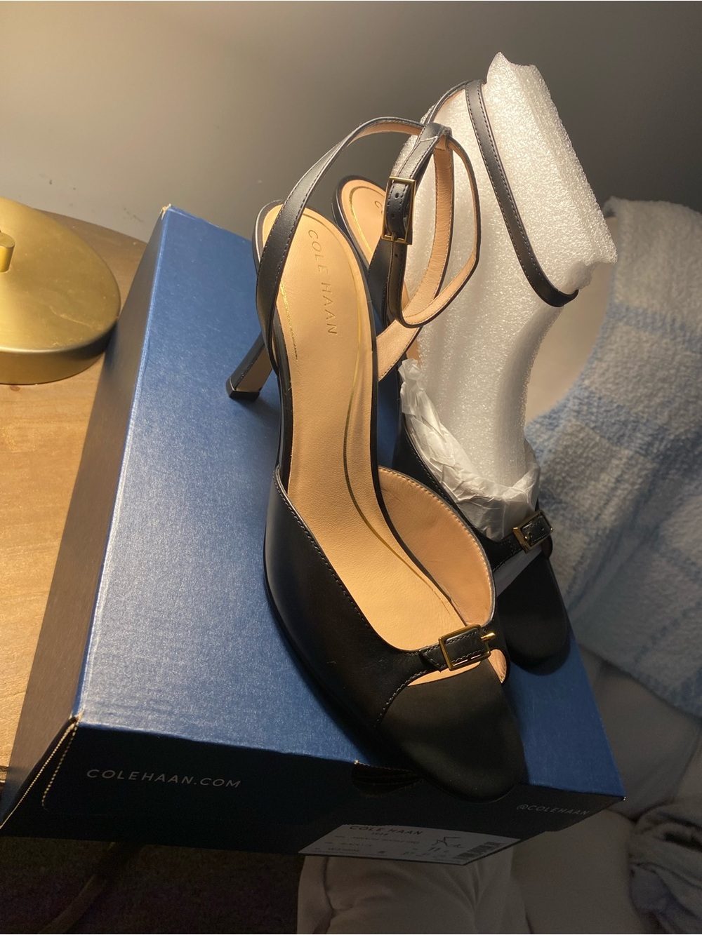Cole Haan Black Leather Open-Toe Slingback Heels with Buckle